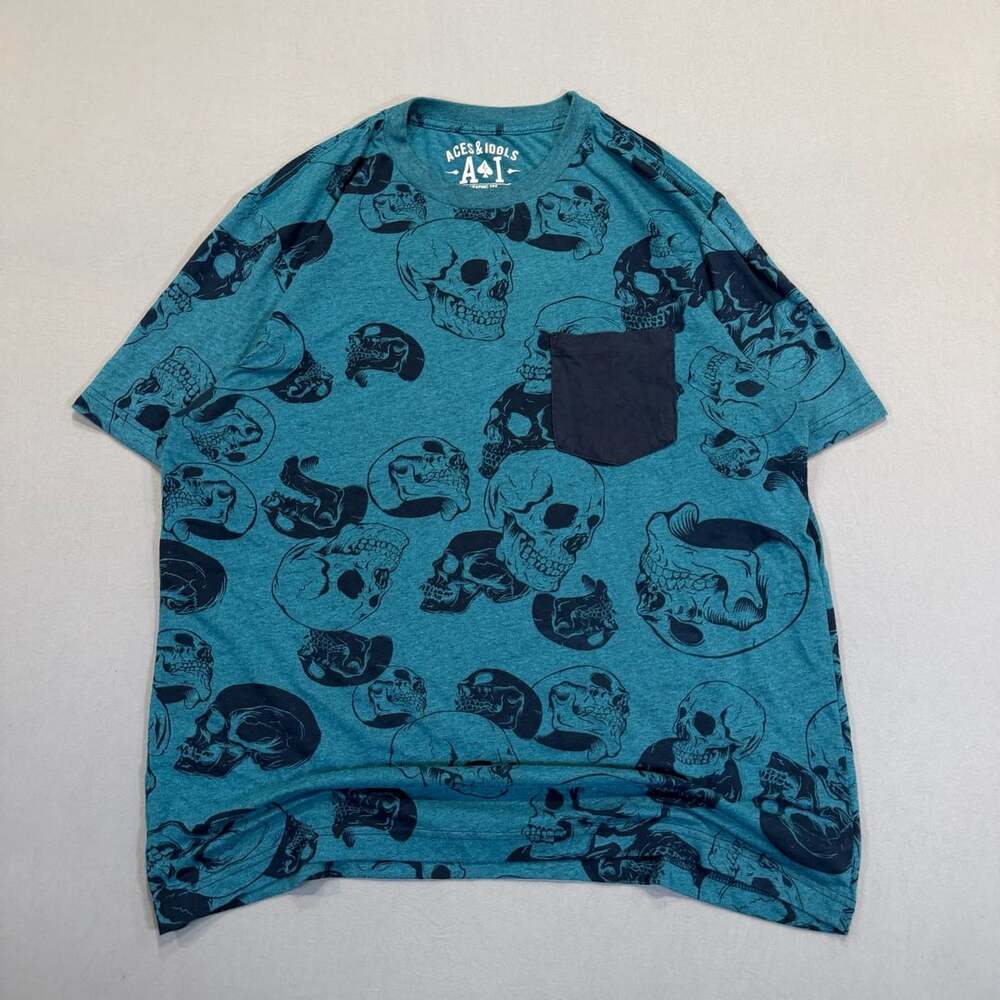 Aces & Idols Skull Graphic Tee Size L Blue Pocket Shirt